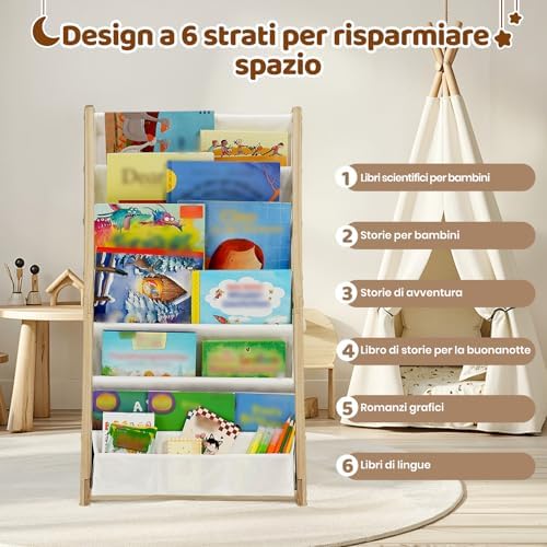 Libreria Montessori per Bambini Con 6 Scomparti in Tessuto Oxford - Libreria per Bambini in Legno Naturale - Libreria Montessori Con Bordi Arrotondati e Design Spazio-Saving(Naturale)