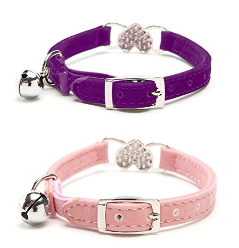 WZPB Adjustable Dog Necklace Cat Collar with Crystal Heart Charm and Bells(2 Set)