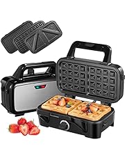3-in-1 Sandwich Maker, Waffle Maker, Panini Press Grill, 5-Gear Temperature & 1200W Double-Sided Quick Heating System, Deep Fill Detachable Non-Stick Plates, Compact and Portable