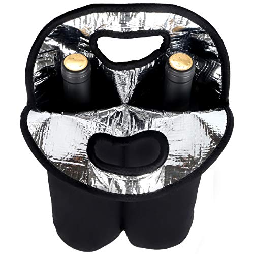 Wine Travel Carrier & Cooler Bag 2-bottle Wine Carrying Tote Picnic Cooler Two Bottle Water Drinks Beer Insulated Neoprene Hand Bag (2 Bottle, Black) - Thumbnail 5