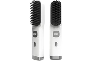 AMAZEBRA Cordless Hair Straightener Brush Portable on The go Comb for Travel 30s Fast Heating USB Rechargeable Dual Power Supply LCD Display with Pouch (White)