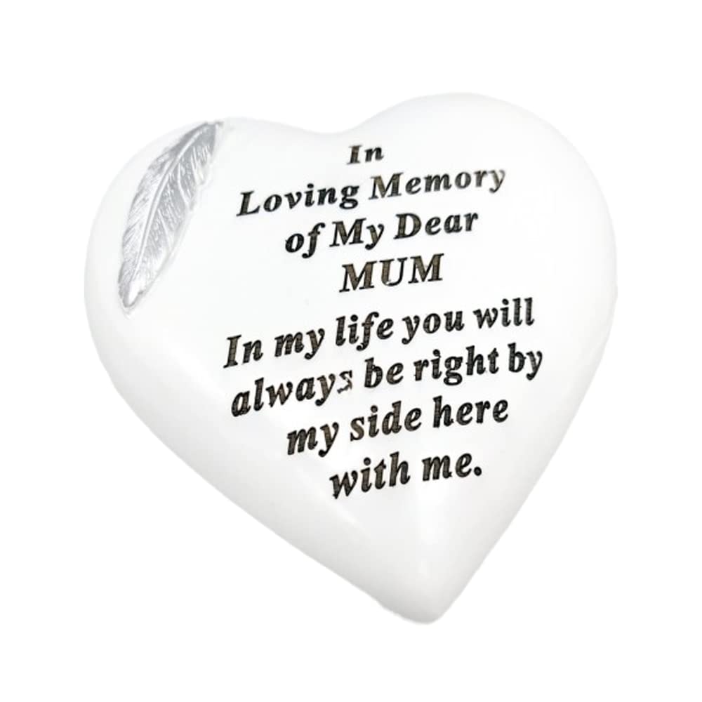 Memorial Stone Heart Plaques Grave Ornaments - Personalised Grave Decoration White & Silver Plaques with Feather- Outdoor Memorial Plaques 15 x 15cm (Mum)