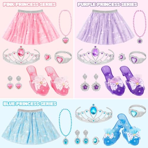 Princess Dress Up Toy Set, Girls Dress Up Shoes Role Play Gifts, Costumes Set incl Skirts, Shoes, Crowns, Jewelry, Princess Mermaid Theme Costumes Birthday Party Favors for Little Girls Aged 3 4 5 6