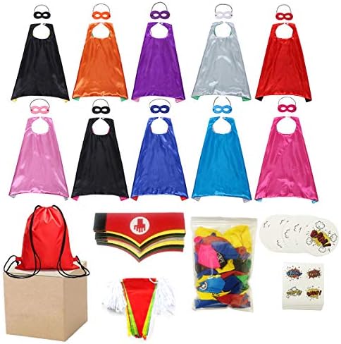 Super Hero Party Supply Favors Set Include Super Hero Capes and Mask Stickers Bracelets Balloons Banner Drawstring Backpacks Decoration Kid's Birthday Party Decoration