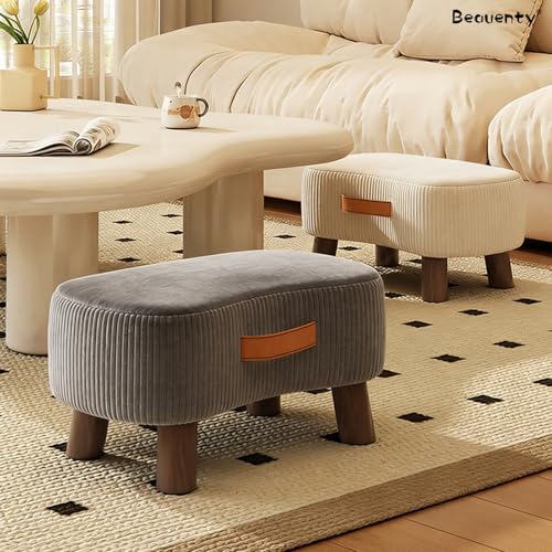 Beauenty Foot Stool, Sofa Stool with Handle, Soft Footrest Ottoman, Shoe-Changing Stools, Coffee Table Low Stools for Hallway, Living Room, Kitchen, Solid Wood Frame (Dark Gray)