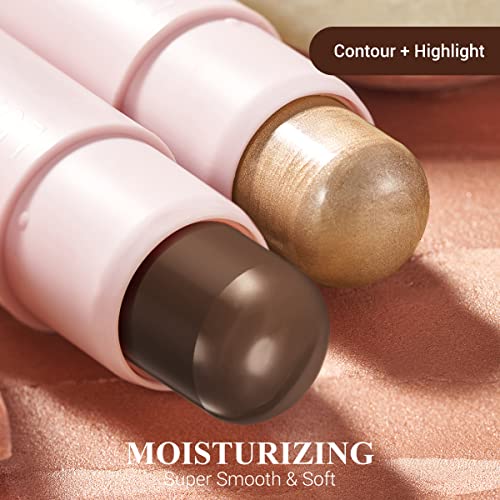 LUXAZA 2PCS CREAM CONTOUR HIGHLIGHTER STICK FACE MAKE UP KIT, CREME BRONZER STICK FOR GIRLS AND WOMEN #HC2 COPPER/TANNED-BROWN