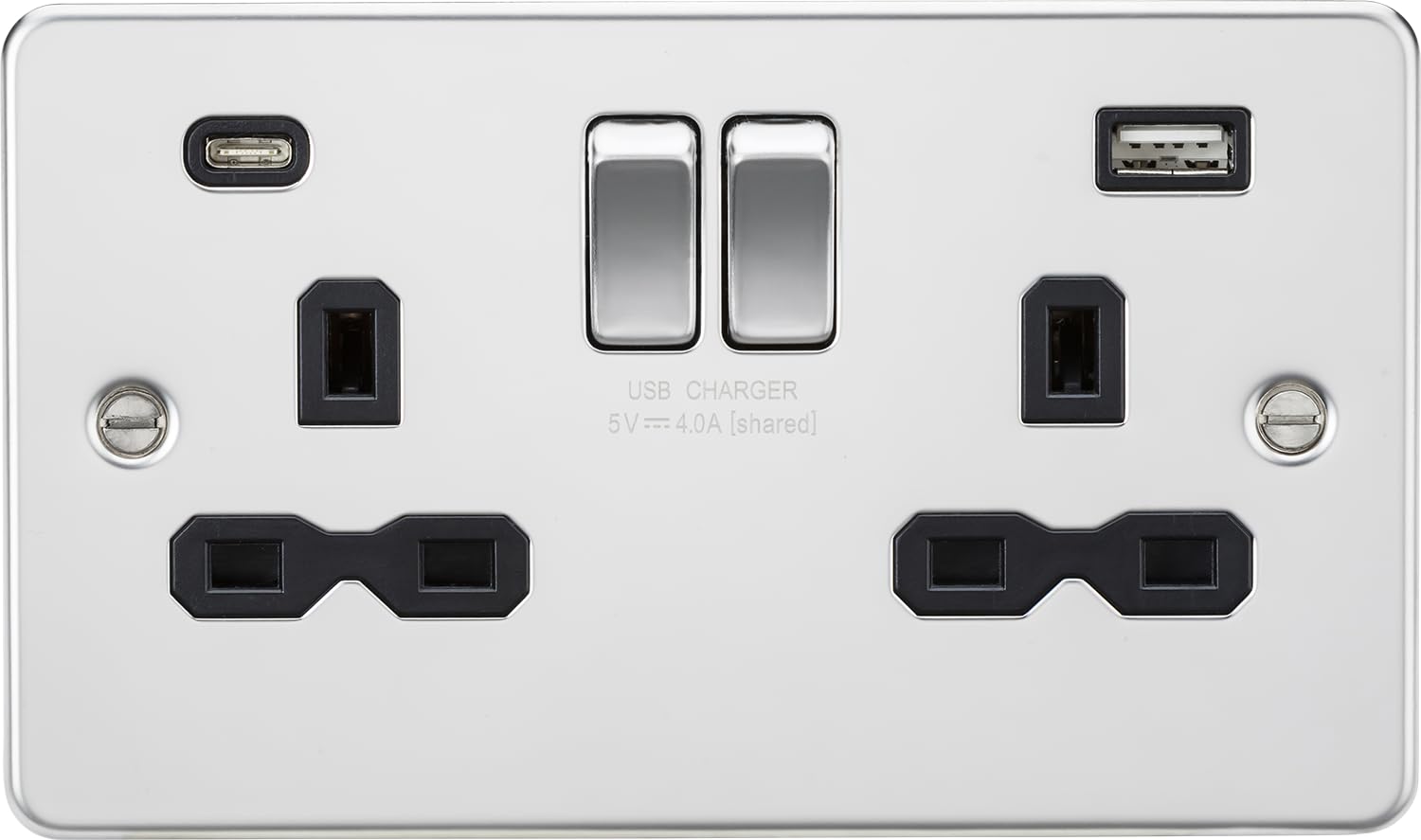 13A 2G SP Switched Socket with Dual USB A+C (5V DC 4.0A shared) - Polished Chrome with Black Insert