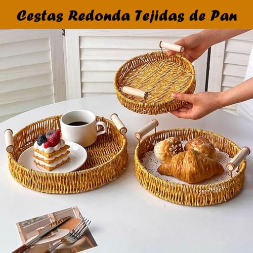 AHILAX 3PZS Cestas Redonda Tejidas de Pan con Mango, Bandeja Circular para Centro de Mesa Comedor Bandejas Almacenamiento de Servir Toalla Fruta Verdura Restaurante Cocina, 3 Tamaño