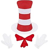 4 PCS Cat Hat Halloween Costume Accessories, Red White Striped Hat/Red Bow Tie/White Gloves for World Book Day Halloween Cosplay and Dress Up