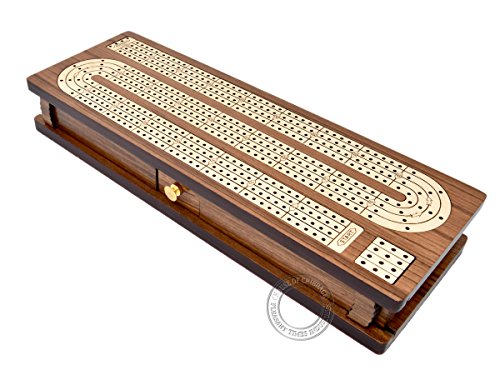 House of Cribbage - Continuous Cribbage Board Inlaid in Teak Wood / Maple Wood - 4 Track - Separate Storage Space for Two Deck of Cards & Pegs