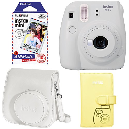 Fujifilm Instax Mini 9 Instant Camera - Smokey White, Fujifilm Instax Mini Airmail Film, Fujifilm Instax Groovy Camera Case - White and Fujifilm INSTAX WALLET ALBUM Yellow
