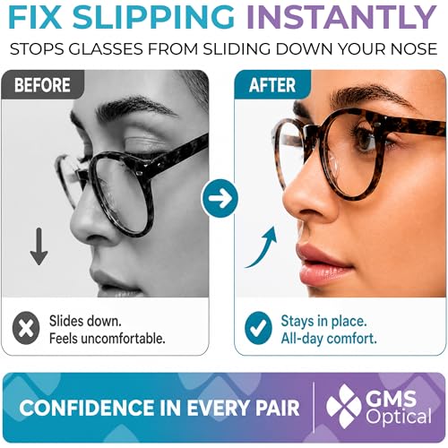 GMS Optical Adhesive Silicone Nose Pads for Glasses |1.3mm Ultra-Thin, 18mm Large | Non Slip Glasses Grips for, Sunglasses and Eyewear w/Super Sticky Backing, Eyeglass Accessories (5 Pairs, Clear)