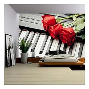 Piano Keys and Red Roses - Removable Wall Mural | Self-Adhesive Large Wallpaper - 66x96 inches