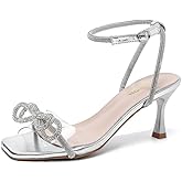 Amoji Women's Kitten Heels 3 Inch Rhinestone Bow Strappy Dress Shoes 336
