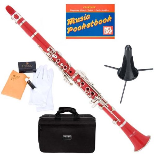 Mendini MCT-R+SD+PB Red ABS B Flat Clarinet with Case, Stand, Pocketbook, Mouthpiece, 10 Reeds and More