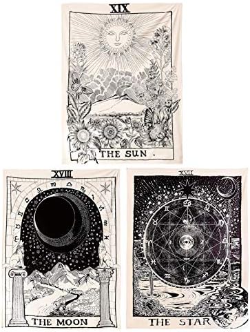 Kingmall Tarot Tapestry, The Moon The Star The Sun Tapestry Medieval Europe Divination Tapestry Wall Hanging Tapestries Mysterious Wall Tapestry for Home Decor (Pack of 3, 51"×59", Sun & Moon & Star)