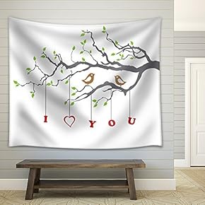 Birds in Love on a Tree Branch - Fabric Wall Tapestry Home Decor - 51x60 inches