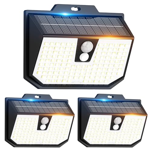 Outdoor Solar Light, 3 Modes Solar Motion Detector Light, IP65 Waterproof Solar LED Outdoor Lighting for Wall, Garden, Garage, Carport, Patio and [Pack of 3] Cool White 6000K