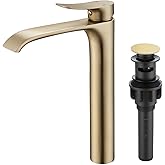 Tall Vessel Sink Faucet Bathroom Waterfall Faucet Brushed Gold Finished Single Handle Matte Black Vanity Bathroom Faucet Basin Mixer Tap with Water Supply Hose and Pop Up Sink Drain