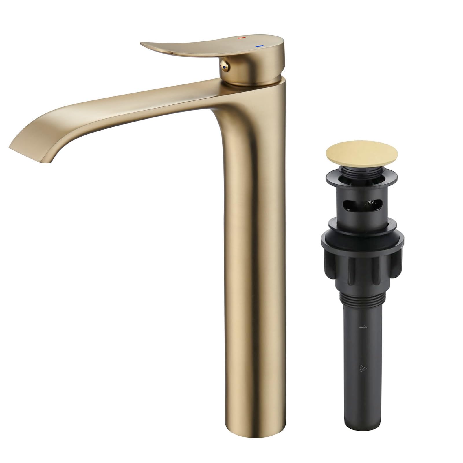 Photo 1 of Tall Vessel Sink Faucet Bathroom Waterfall Faucet Brushed Gold Finished Single Handle Matte Black Vanity Bathroom Faucet Basin Mixer Tap with Water Supply Hose and Pop Up Sink Drain
