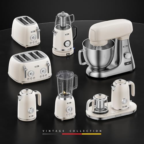 Feller Germany 2200 W 2-in-1 Retro Teamaker/Coffee Maker +1.7L Stainless Steel Electric Kettle with Strix, Adjustable Touch Teapot Temp+LED Display, TS490, 2Y Guarantee-UAE Version (Cream)