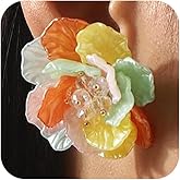 Retro Large Colorful Shell Flower Stud Earrings for Women, Dainty White Pearl Zircon Camellia Floral Earring Statement Party Prom Jewelry Accessories