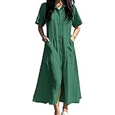 chouyatou Women's Summer Short Sleeve Button Down Shirt Dress A-Line Flared Maxi Long Beach Casual Dress