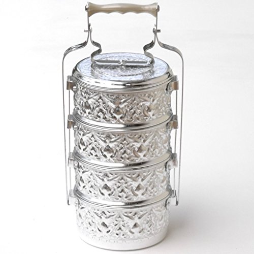 THAI LUNCH BOX TIFFIN SILVER FOOD STORAGE ALUMINIUM 14CM 4TIER PINTO THAILAND