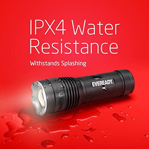Eveready LED flashlight with straightforward tactical design, water-resistant.