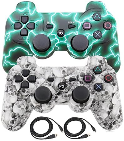 Pofona Bluetooth Wireless Controller For PS3 Double Shock - Bundled with USB charge cord (Green Ligntning and White Skull)