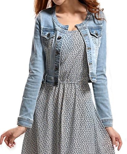 Fundu Women's Sweet Summer Cool Light Blue Denim Crew-neck Long Sleeve Top Jacket US 8