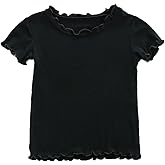 HDLEXD Toddler Baby Girls Summer Lettuce Trim Ribbed Knit Short Sleeve T-Shirts Solid Color Casual Blouse Tops