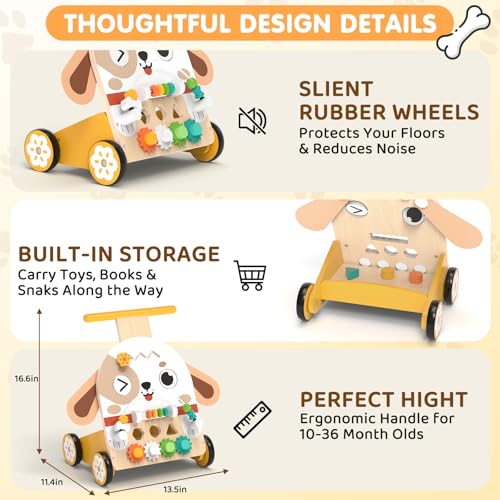 Fozcmisw Carrello Primi Passi Legno Cane Montessori 6-in-1, Girello 1 Anno | Carrello Primi Passi a Forma di Cane, 6-in-1: Labirinto di Perline, Selezionatore di Forme, Ingranaggi & Altro