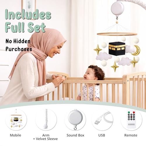 Dua Baby Crib Mobile - Islamic Toy - Halal Baby Sleep Music with Soothing Duas & Surahs - Full Set with Sound Box, Remote, Cot Mobile Arm, Rotating Montessori Infant Crib Toys Hanging Muslim Gift