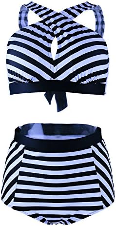 Gotswim Stylish Black &amp; White Strip High Waist Bikini Cross Bandage Push up Swimsuit for Women Ladies Plus Size Swimwear M-3XL