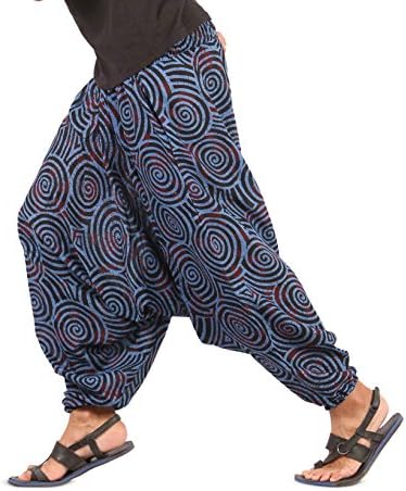 The Harem Studio Mens Womens Boho Hippie Baggy Cotton Harem Pants with Pockets - Spiral Design