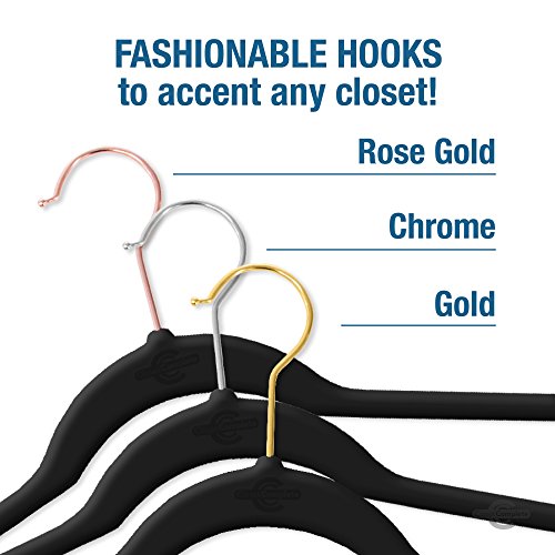 Closet Complete Premium Quality, True-Heavyweight, 80-gram, Virtually-UNBREAKABLE Velvet Hangers, Ultra-Thin, Space Saving, No Slip Hangers, Best for SUIT, Dress, Pants, Shirt, 360° Spin, CHROME Hooks, Black Set of 50