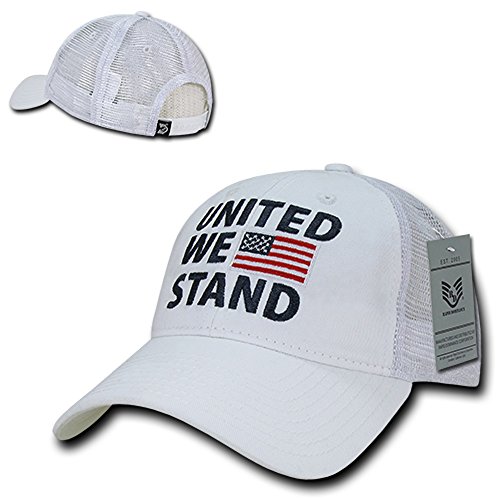 Soft Fit American Flag Embroidered Cotton Trucker Mesh Back Cap - United We Stand White