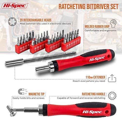 Hi-Spec 38 pcs Electronics Repair Tool Kit - Magnetic Precision Ratcheting Screwdriver & Phillips, Slotted, Torx, Hex and Triwing/Head Bits Set, Lose Nose & Diagonal Pliers, Tweezers Pry Bar in Case