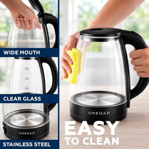 2L Electric Glass Tea Kettle, 1500W Fast Boil, Blue LED Light, 360° Cordless Base, Stainless Steel & Borosilicate, Large Capacity with Water Level Gauge