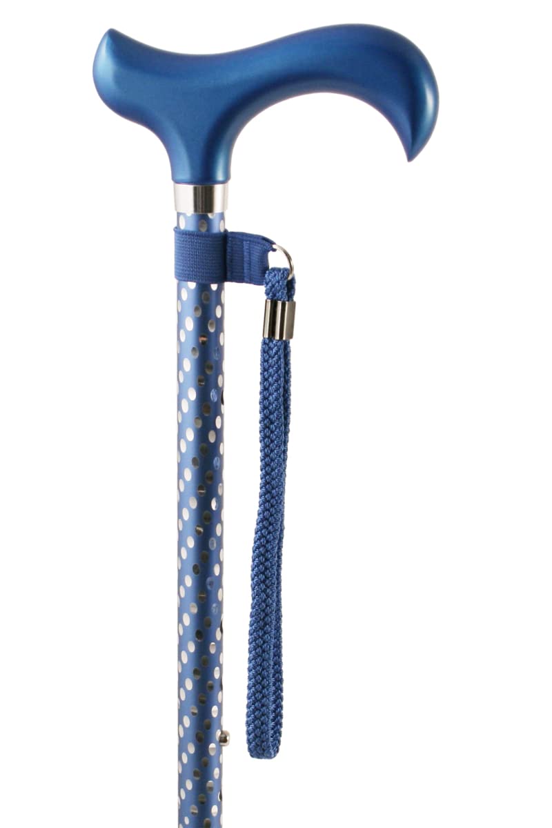 Charles Buyers - Engraved Adjustable Derby Walking Stick - Lightweight Aluminium, Wooden Handle - Blue Silver Polka Dot