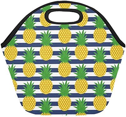 Tropical Pineapple on Striped Reusable Insulated Neoprene Lunch Tote Bag Cooler 11.8" x 11.8" x 6", Summer Fruits Portable Lunchbox Handbag for Men Women Adult Kids