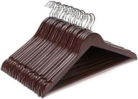 JS HOME Wooden Suit Hangers Walnut Finish with Anti-rust Hooks and Non-slip Bar - 20 Pack