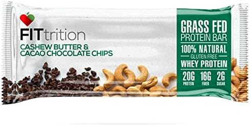 FITTRITION GRASS FED PROTEIN BAR - 100% Natural Ingredients, Cashew Butter &amp; Cacao Chocolate Chips, 20g Protein, 6g Net Carbs, 16g Fiber, 260 Cals, Low Carb, Gluten Free, Soy Free, 12 Count