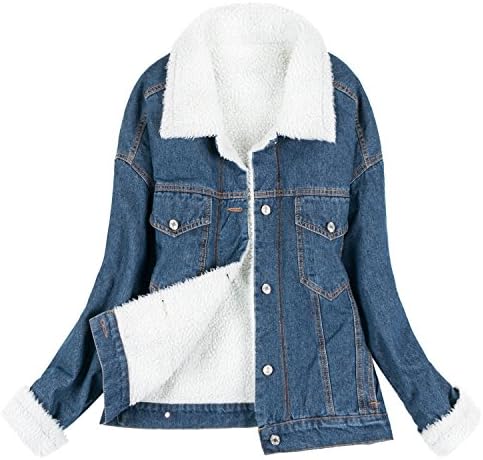 Howels Women Sherpa Lined Overfit Vintage Denim Boyfriend Casual Short Jacket , Dark Blue