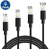 Phone Cable 4 Pack 1FT 3FT 6FT 10FT Durable USB Cable Nylon Braided Fast Charge and Data Sync Cord Compatible iPhone X/8/8Plus/7/7 Plus/6s/6s Plus/6/6 Plus/5/5S/5C/SE/iPad and iPod