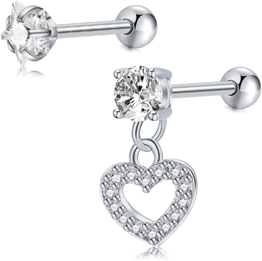 2pcs Stainless Steel Tragus Helix Cartilage Bars with Dangle CZ 16G 6mm Barbell Stud Earring Piercing Silver