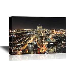 USA City Skyline Canvas Wall Art - Boston John Hancock Tower and Back Bay Skyline at Night, Massachusetts - Gallery Wrap Modern Home Art | Ready to Hang - 12x18 inches