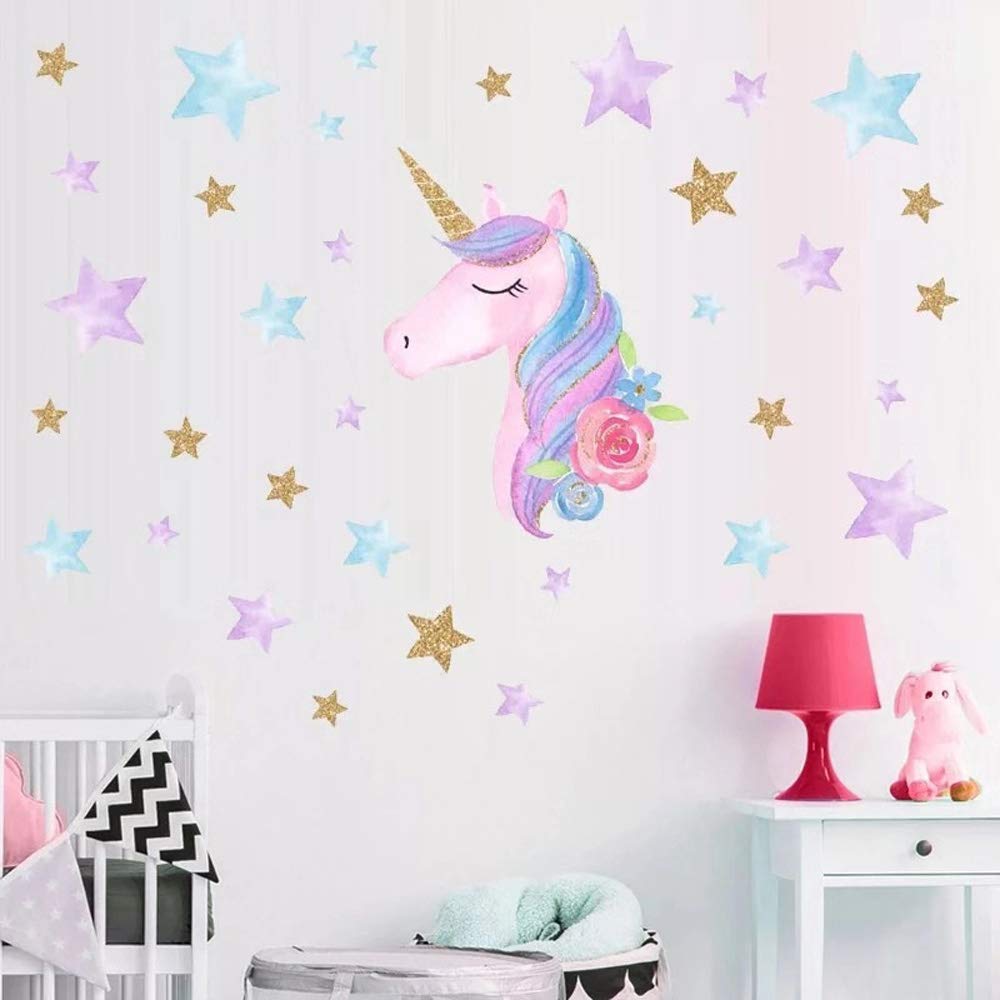 Unicorn Wall Decor Sticker Unicorn Wall Decals Pictures for Children Bedroom with Stars Flower, Birthday Christmas Gifts for Boys Girls Kids Room Decor Nursery Home Decor (Unicorn Stars)