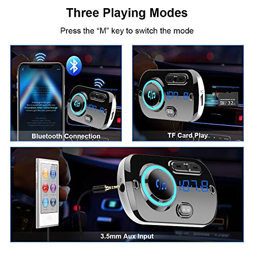 Trasmettitore FM Bluetooth 5.0, Vivavoce Car Kit con QC 3.0 Caricatore per Auto, supporto Uscita TF card AUX, Suono Cristallino, Luce Colore, Cavo 1.1M, 2 Modi di Installazione
